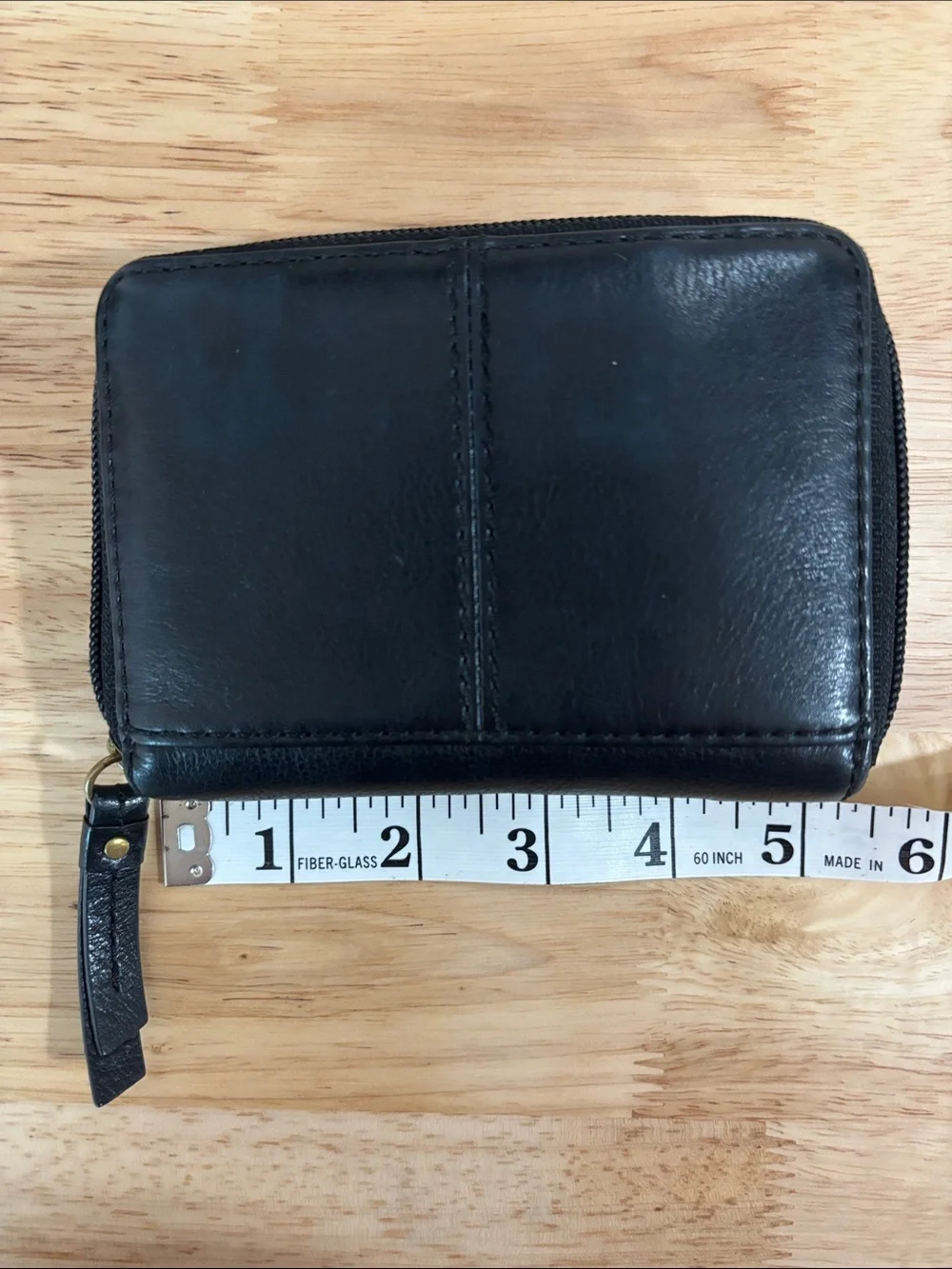 Fossil Black Leather Zip Card Wallet with Gold Accents